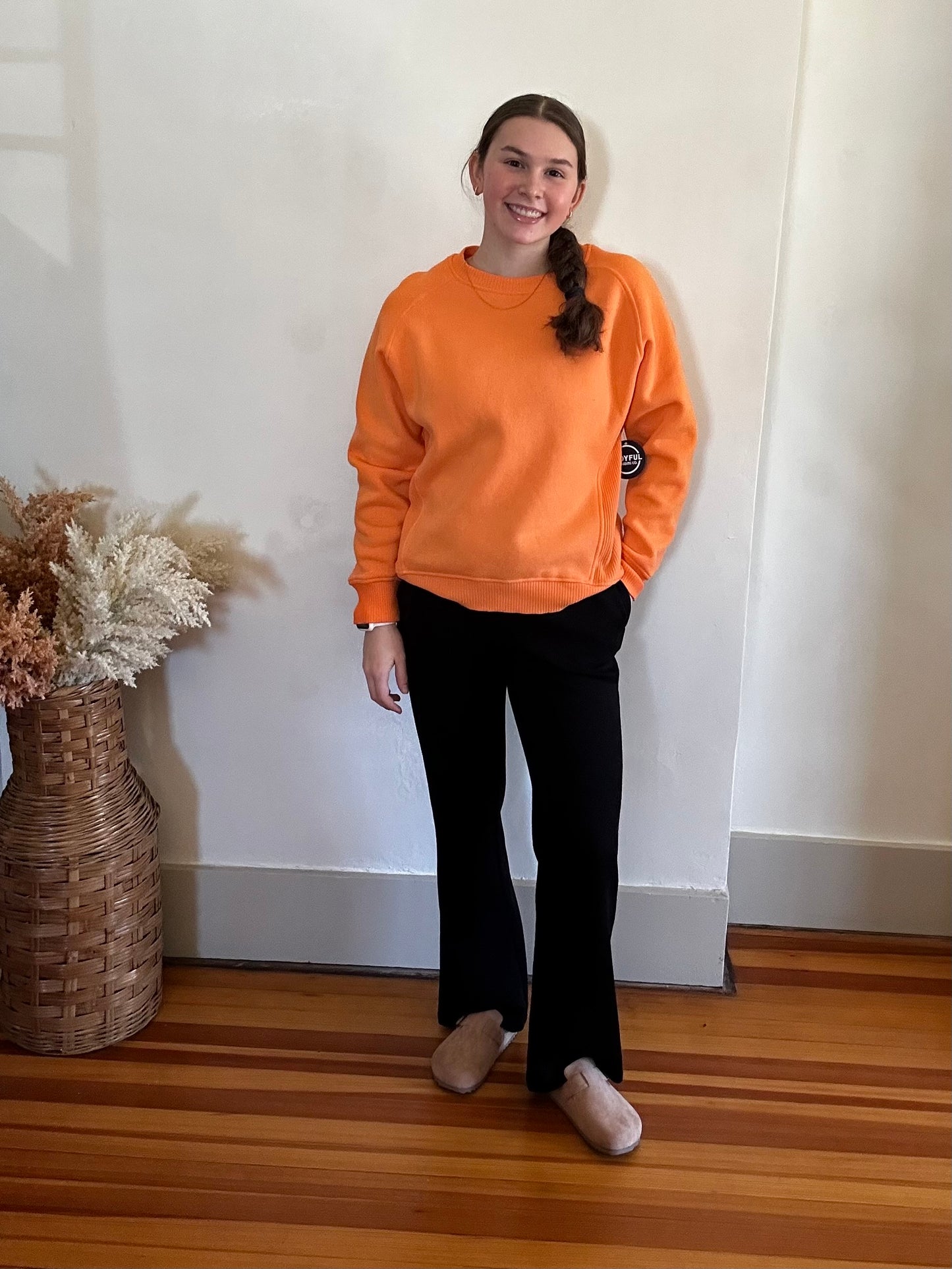 Fleece Round Neck Ribbed Side Sweatshirt | Light Orange