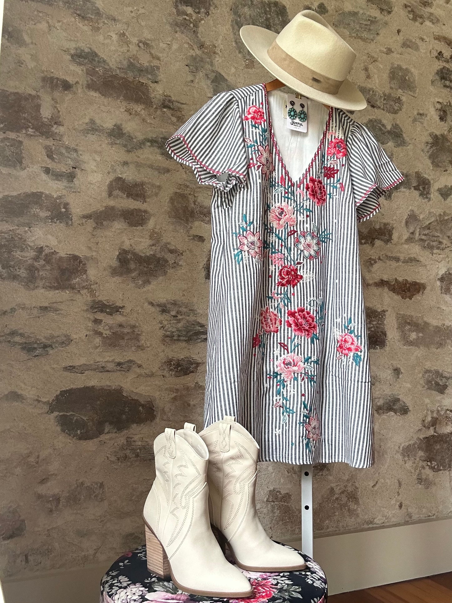 Rose Garden Embroidered Dress | Stripped Black