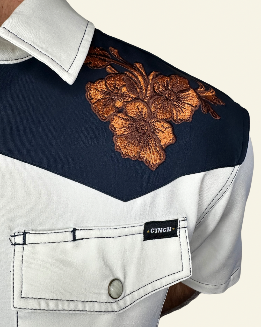 Cinch Short Sleeve| Camp Shirt | Cream + Embroidered Details