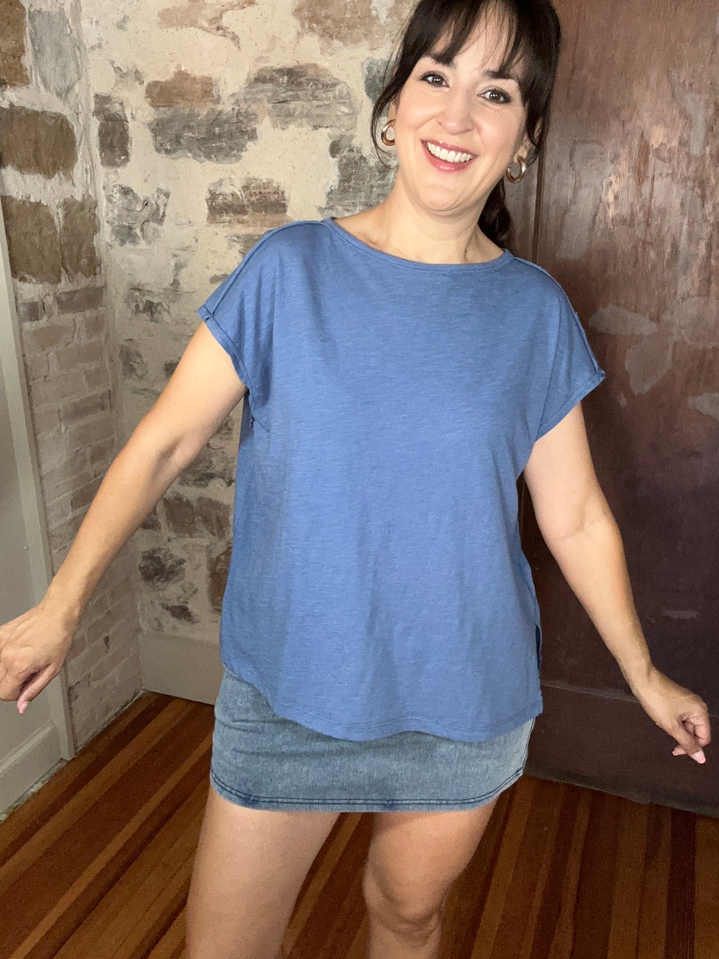 Slub Oversized Short Sleeve Top | Slate Blue