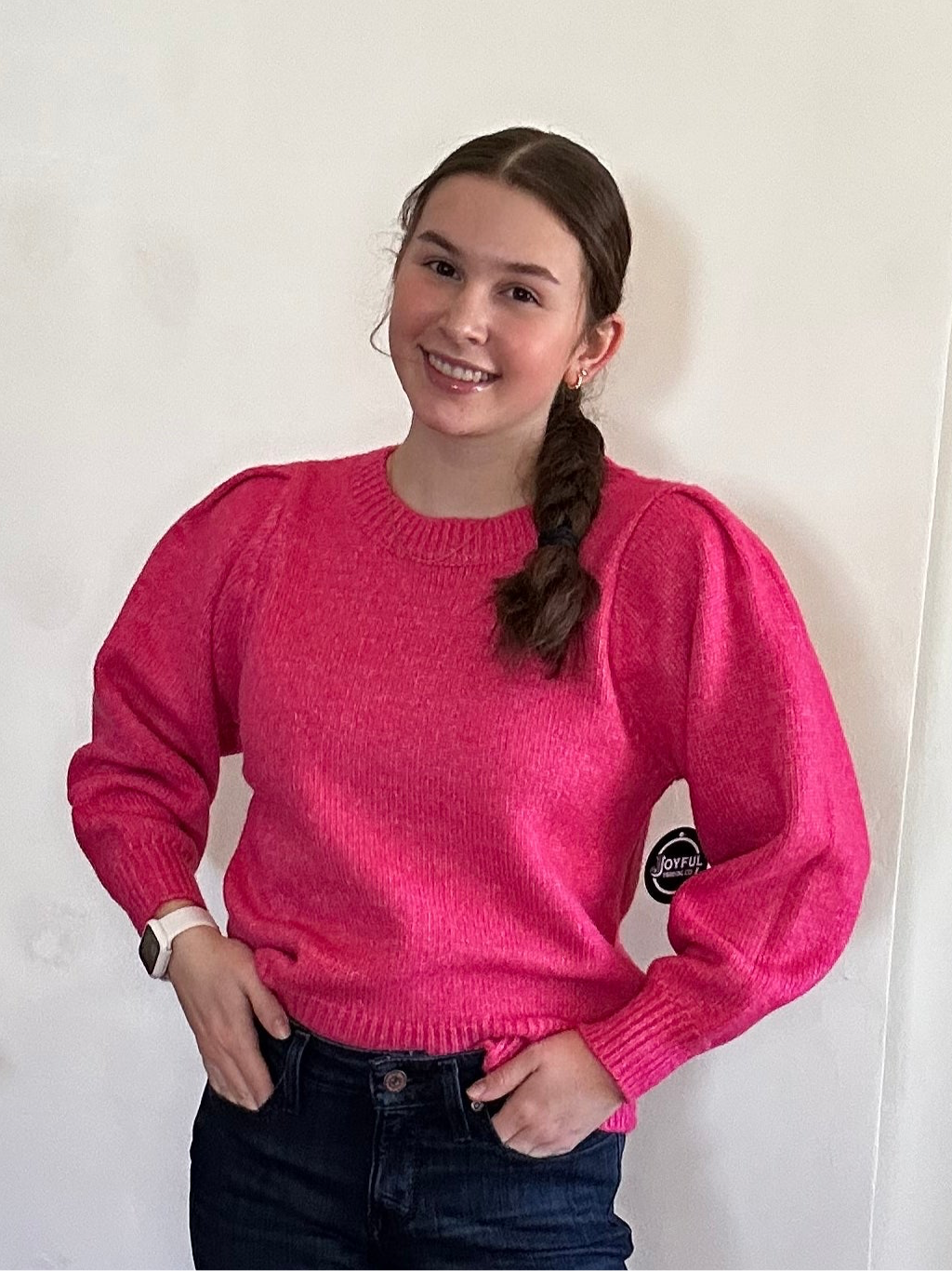 Puff Sleeve Round Neck Sweater | Hot Pink