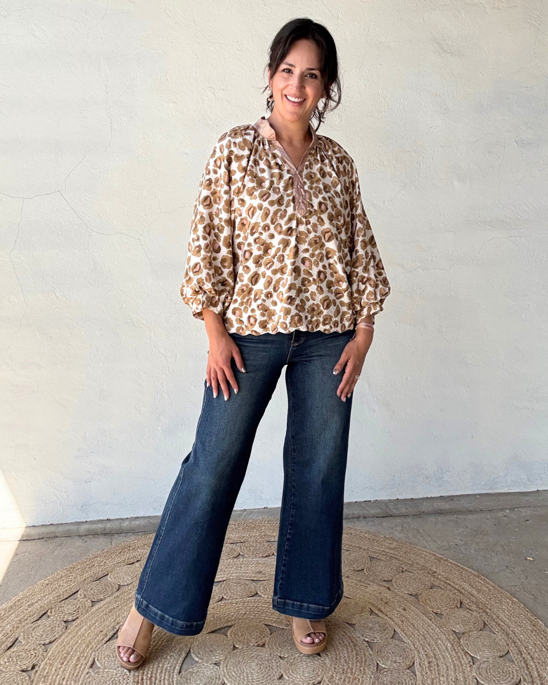 Leopard Boho 3/4 Sleeve Top | Brown