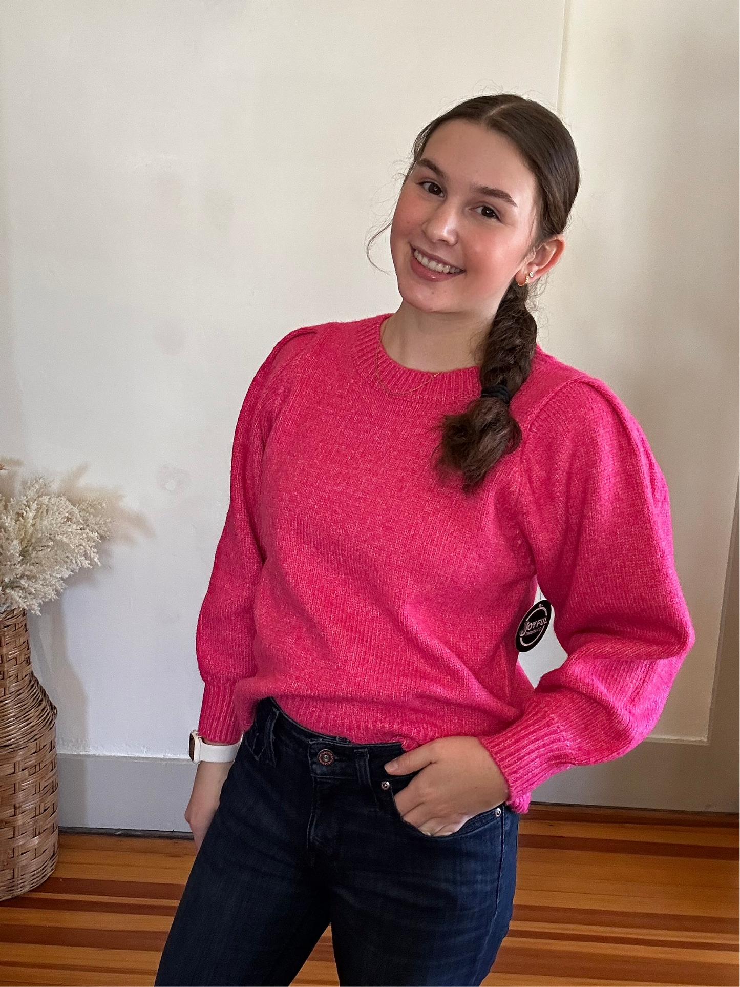 Puff Sleeve Round Neck Sweater | Hot Pink