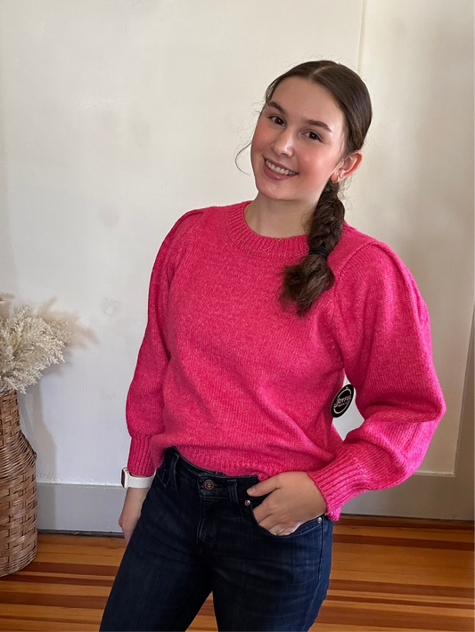Puff Sleeve Round Neck Sweater | Hot Pink