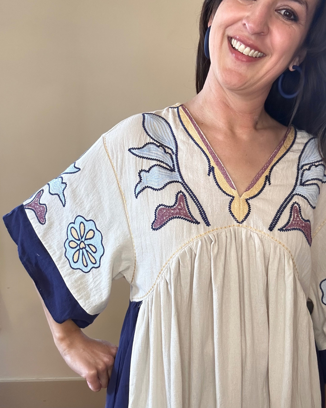 Boho Embroidered Midi Dress | Cream + Navy