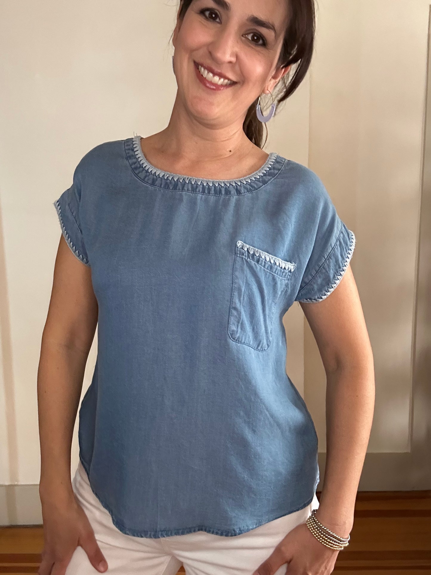 Embroidered Edge Short Sleeve Top | Denim