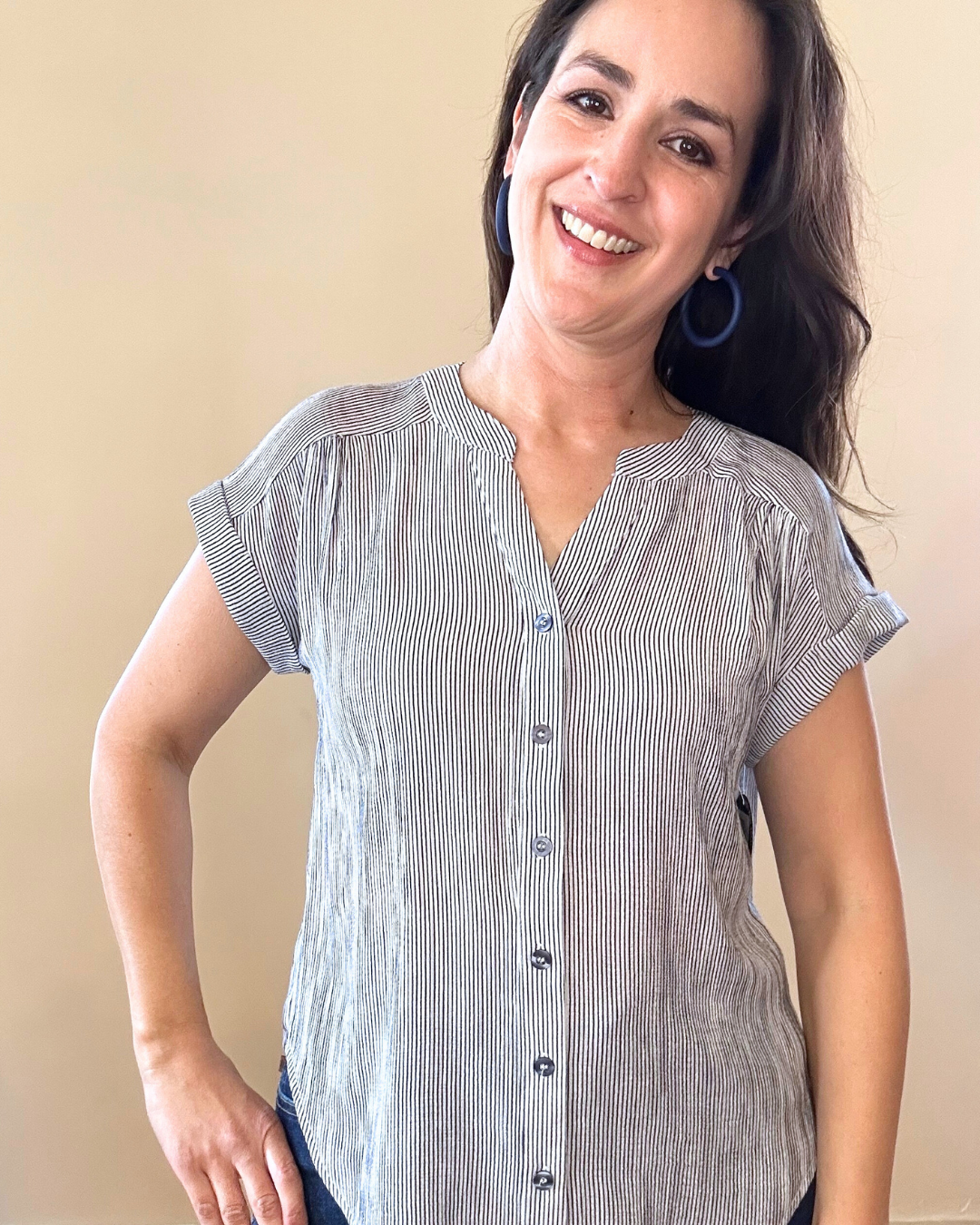 Belinda Short Sleeve Striped Button Up | Navy