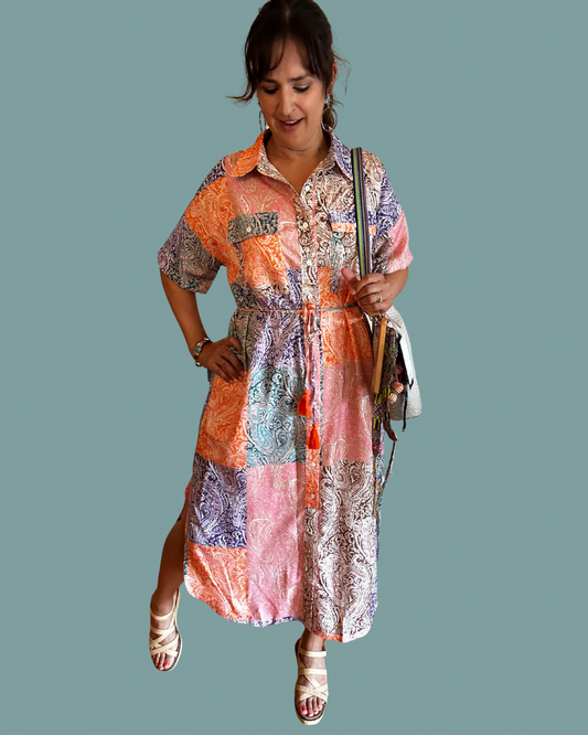 Paisley Patch Midi Dress | Orange + Purple + Multi