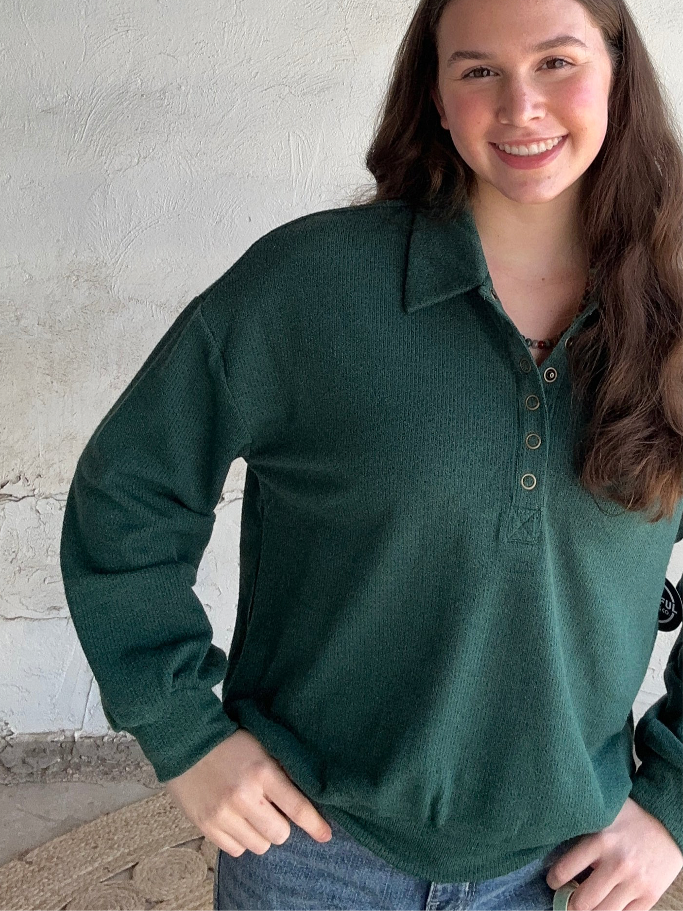 Collared Half Snap Knit Long Sleeve | Forest Green