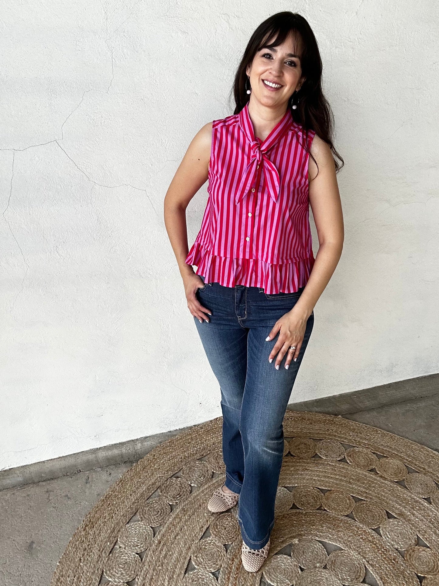 Striped Peplum Sleeveless Top | Red + Pink
