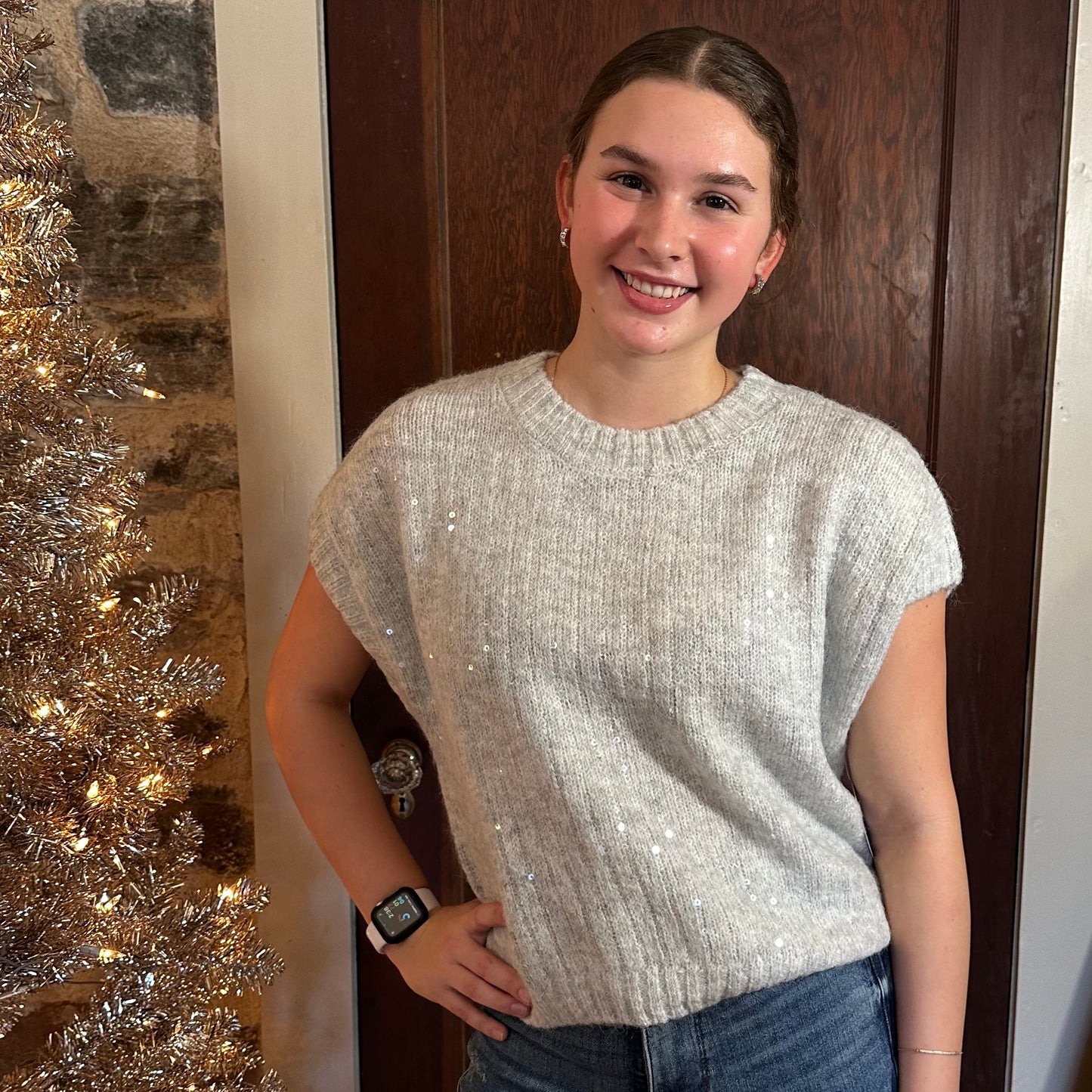 Tania Sequin Knit Top | Heather Grey