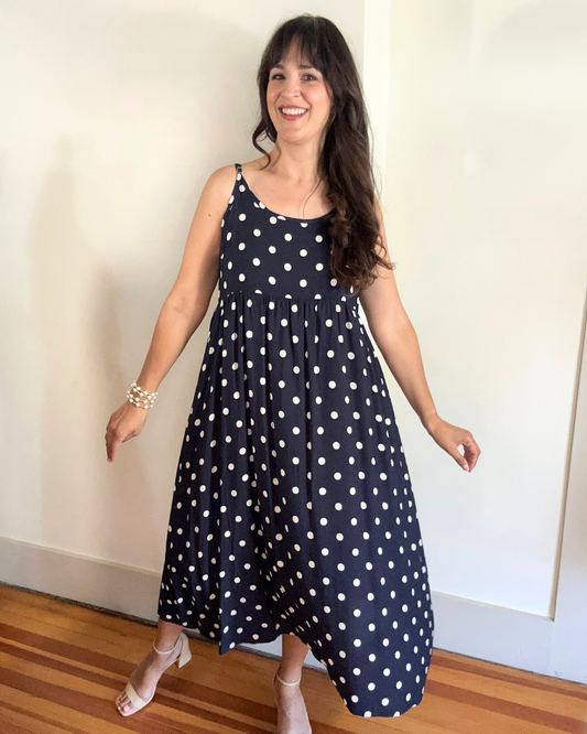 Lusso Midi Dress in Navy + White with White Sweater (Sold as a Set)