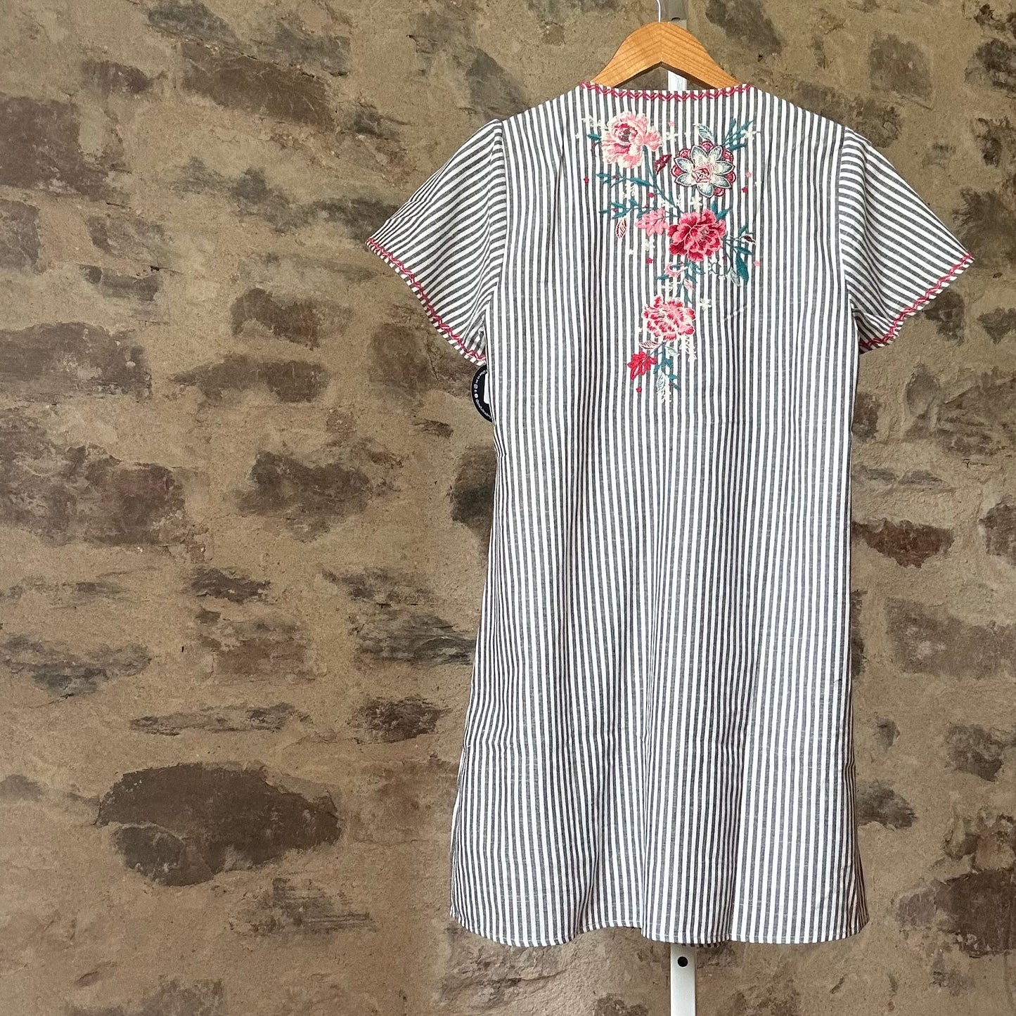 Rose Garden Embroidered Dress | Stripped Black