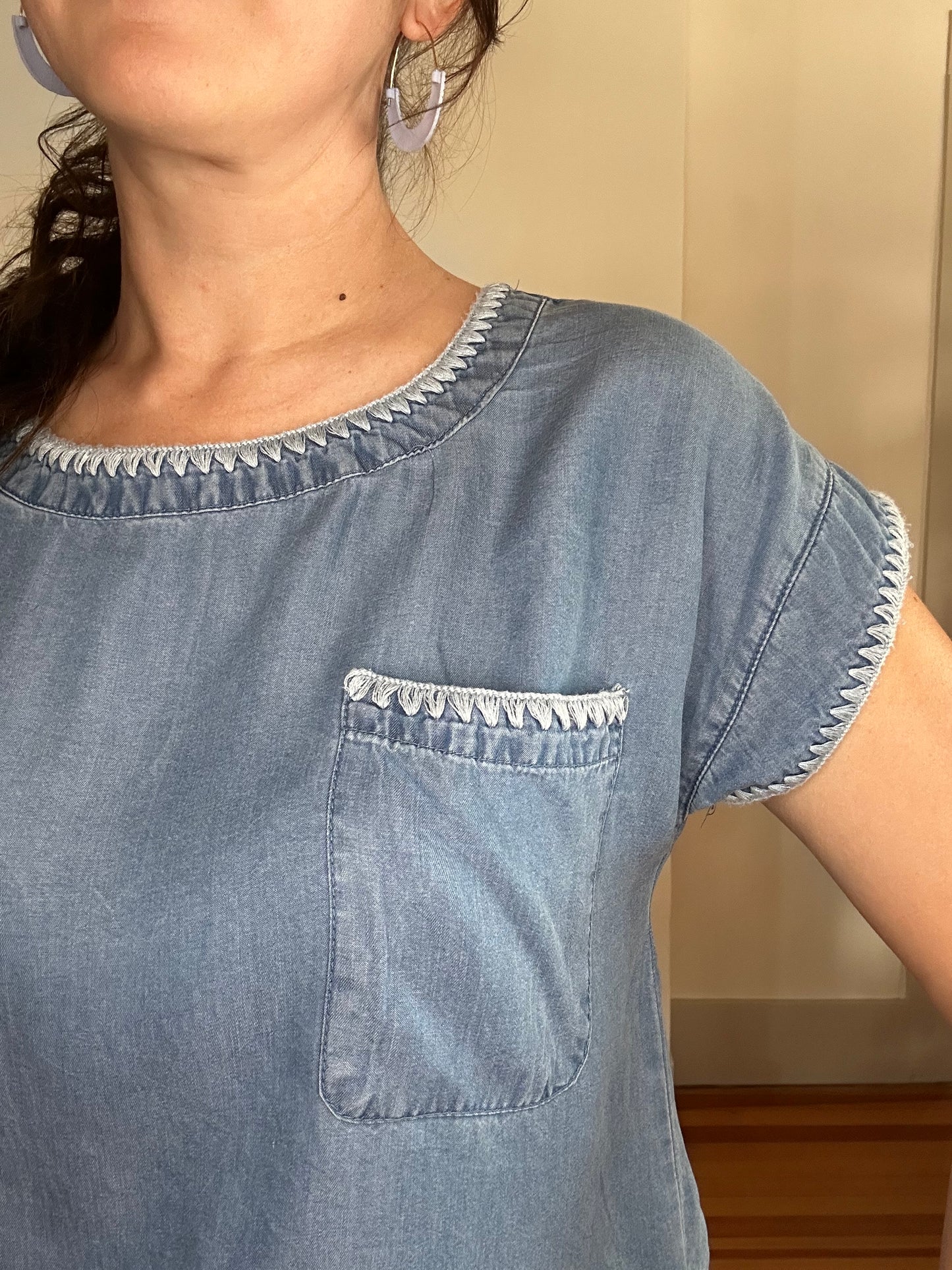 Embroidered Edge Short Sleeve Top | Denim
