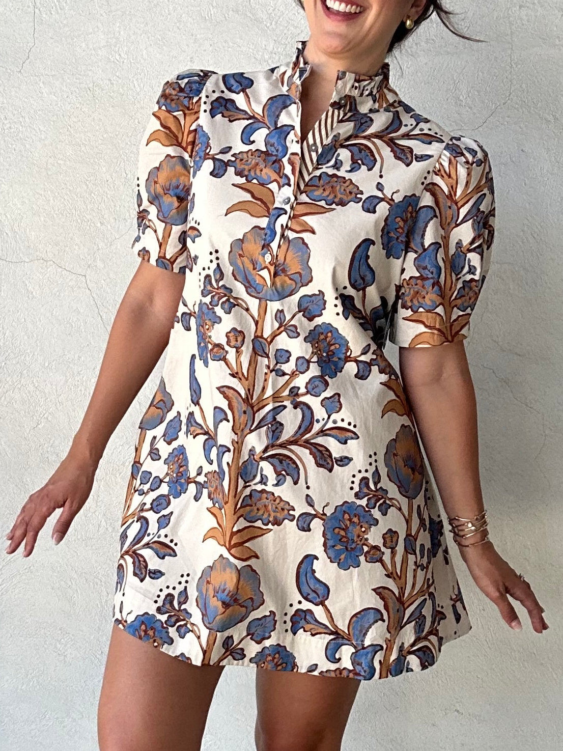 Fancy Floral Short Sleeve Mini Dress | Ecru