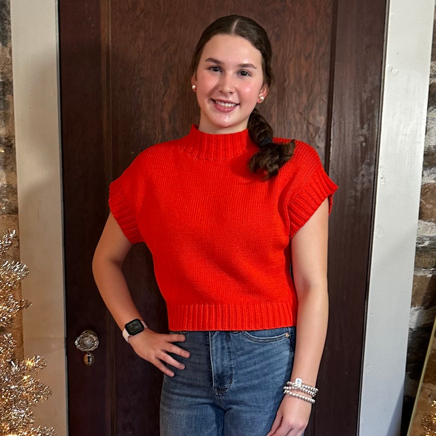 Poppy Short Sleeve Sweater Top | Tomato Red