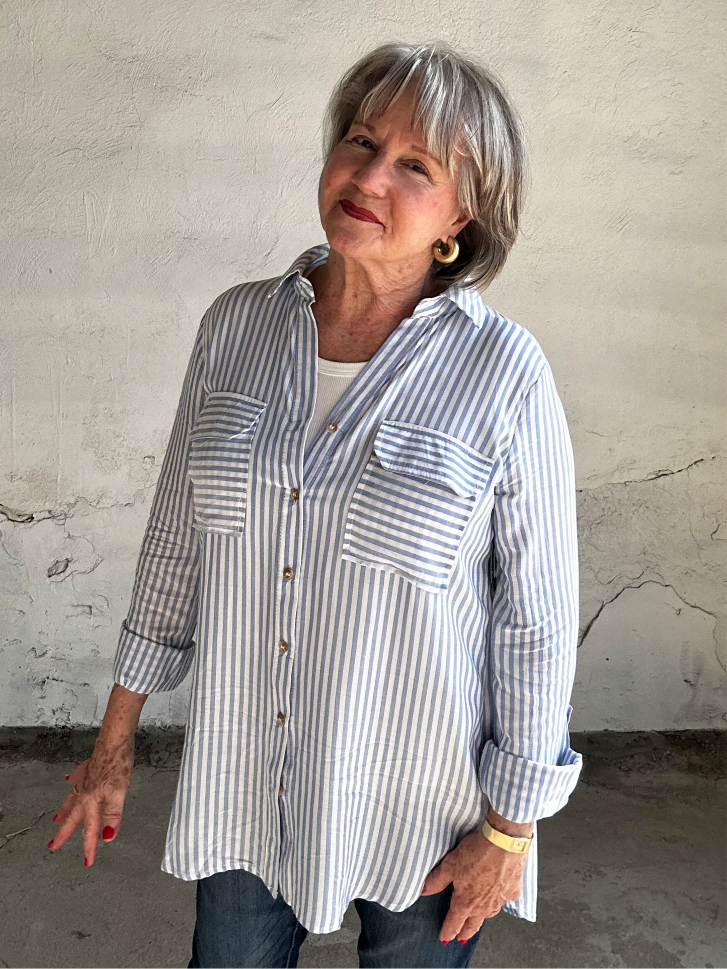 Striped Lightweight Button Down | Blue