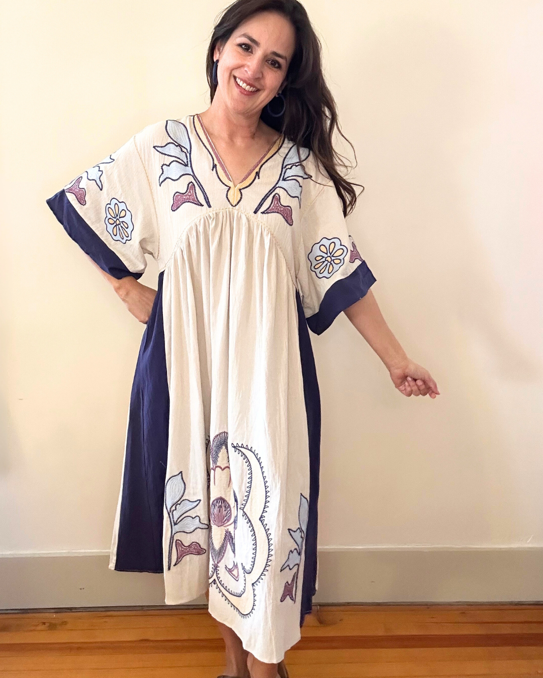 Boho Embroidered Midi Dress | Cream + Navy