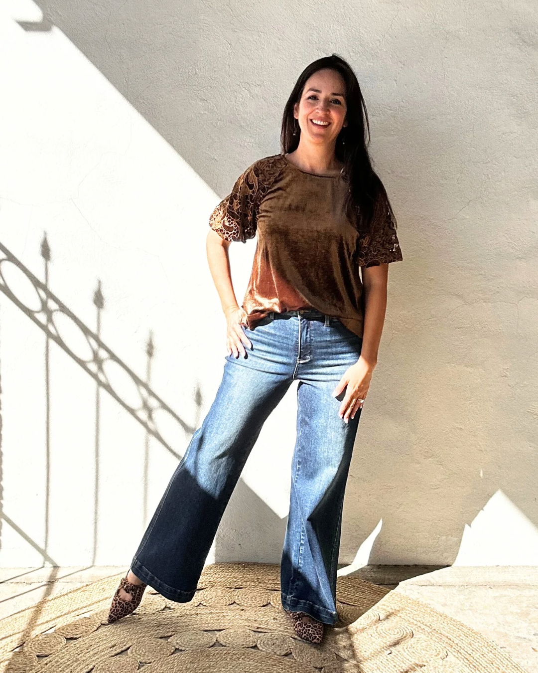 Velvet 3/4 Sleeve Button Up | Brown