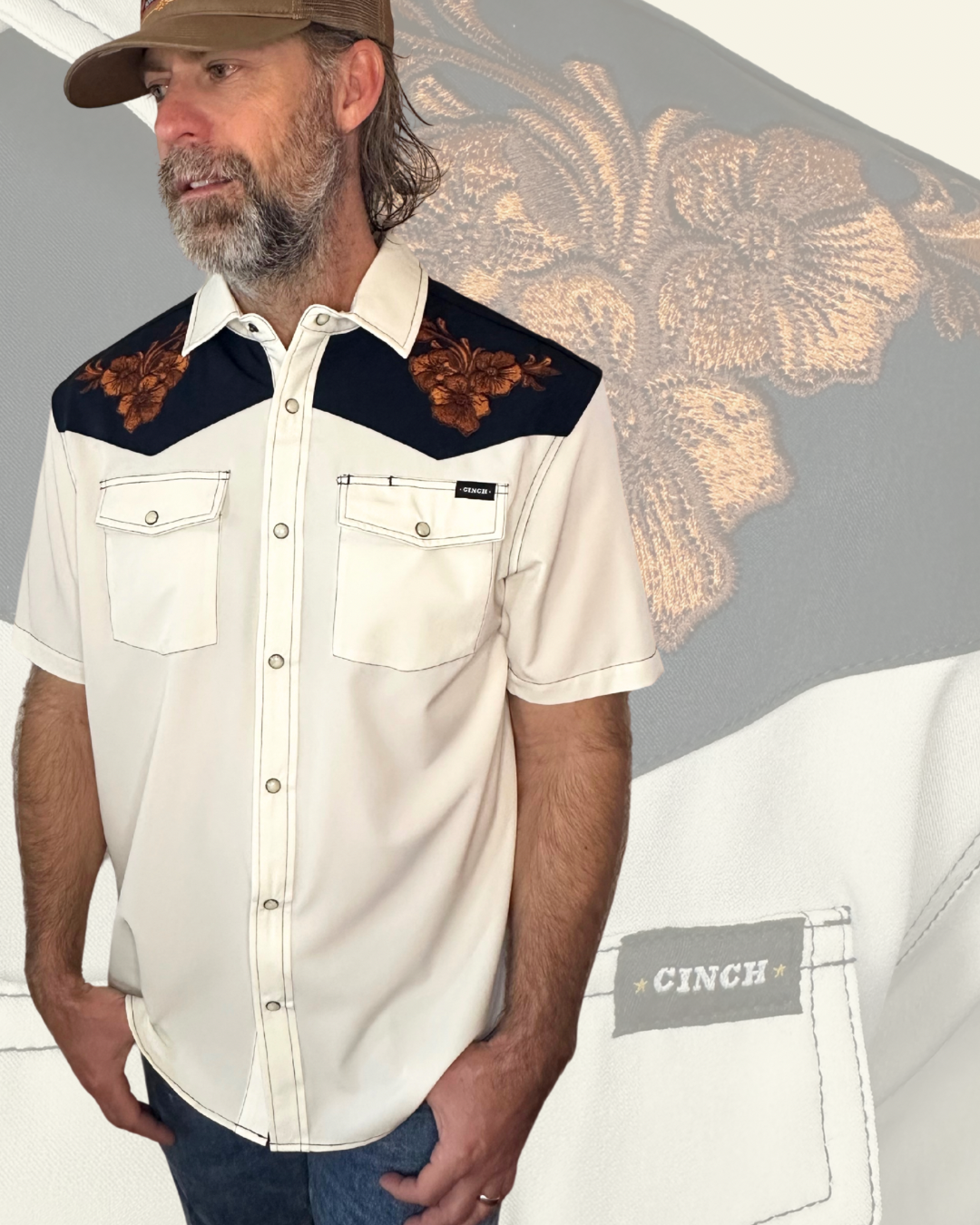 Cinch Short Sleeve| Camp Shirt | Cream + Embroidered Details