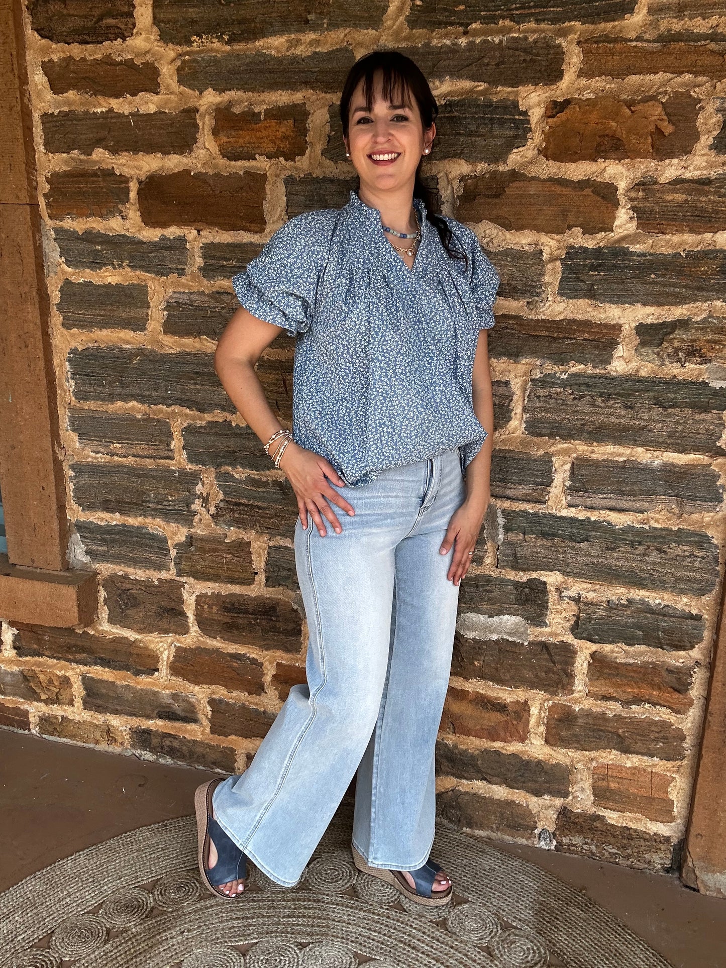 Dainty Floral Short Sleeve Top | Light Denim