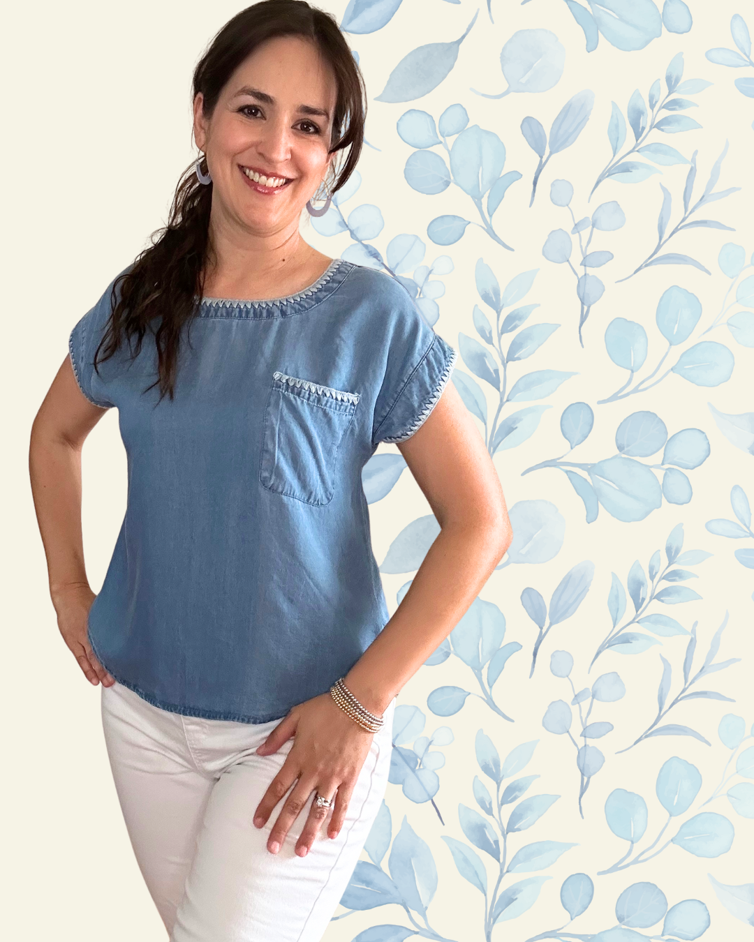 Embroidered Edge Short Sleeve Top | Denim