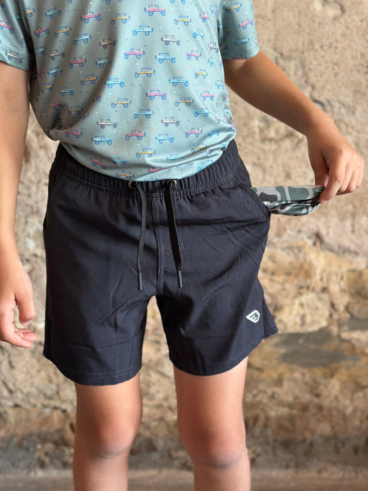 Burlebo | YOUTH Athletic Short | Heather Black Retro Duck Camo Liner