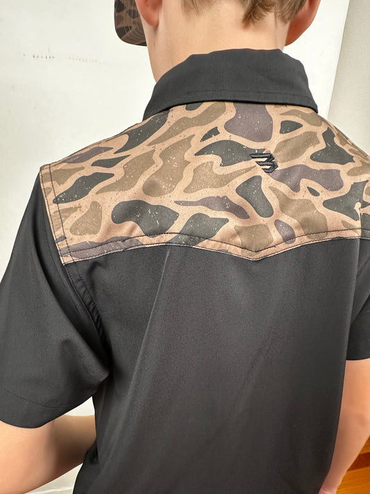 Burlebo | YOUTH | Performance Western Shirt | Deer Szn | Black + Gauge Camo