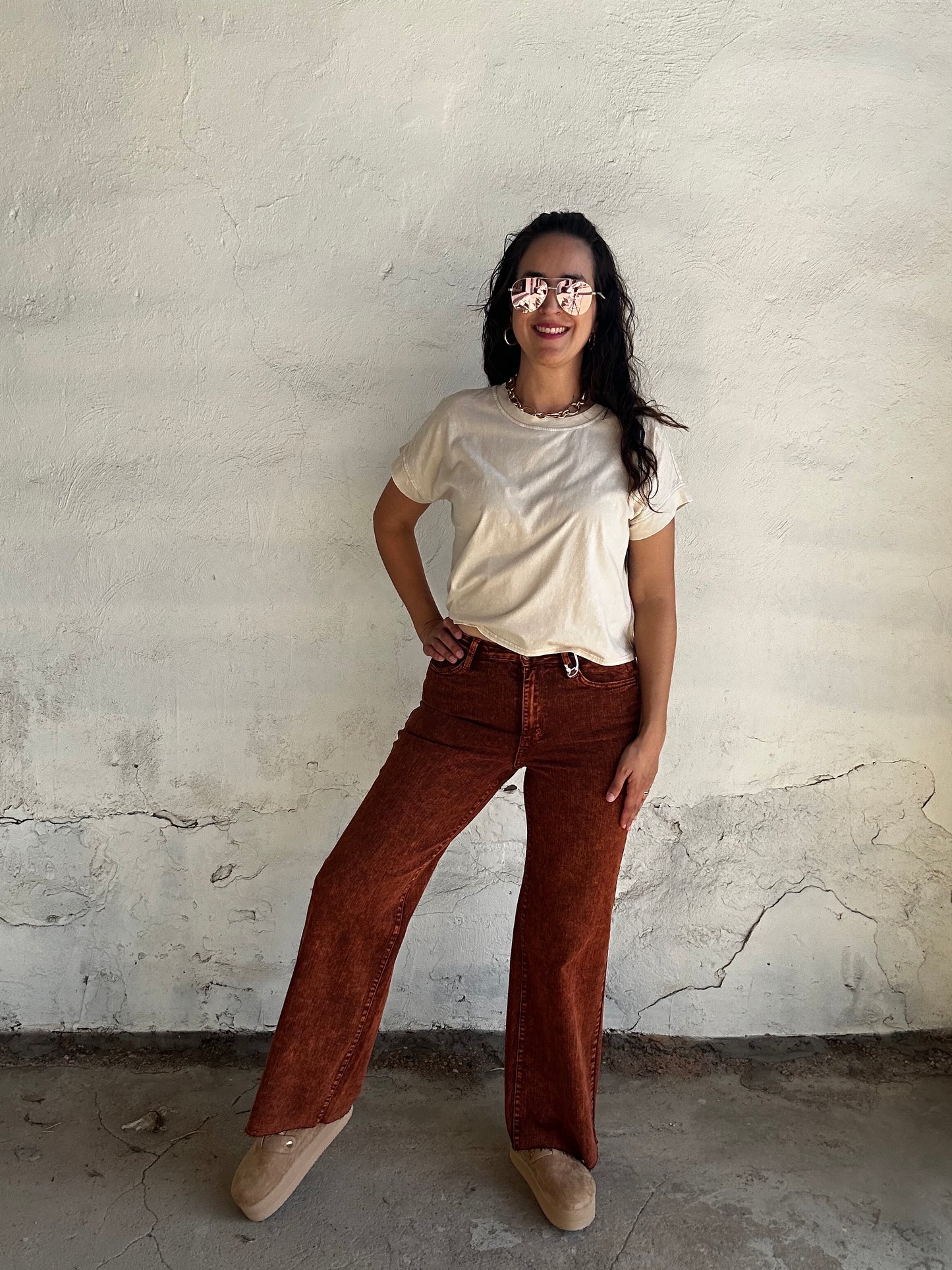 High Waist Garment Dyed Raw Hem Retro Wide | Pumpkin Spice