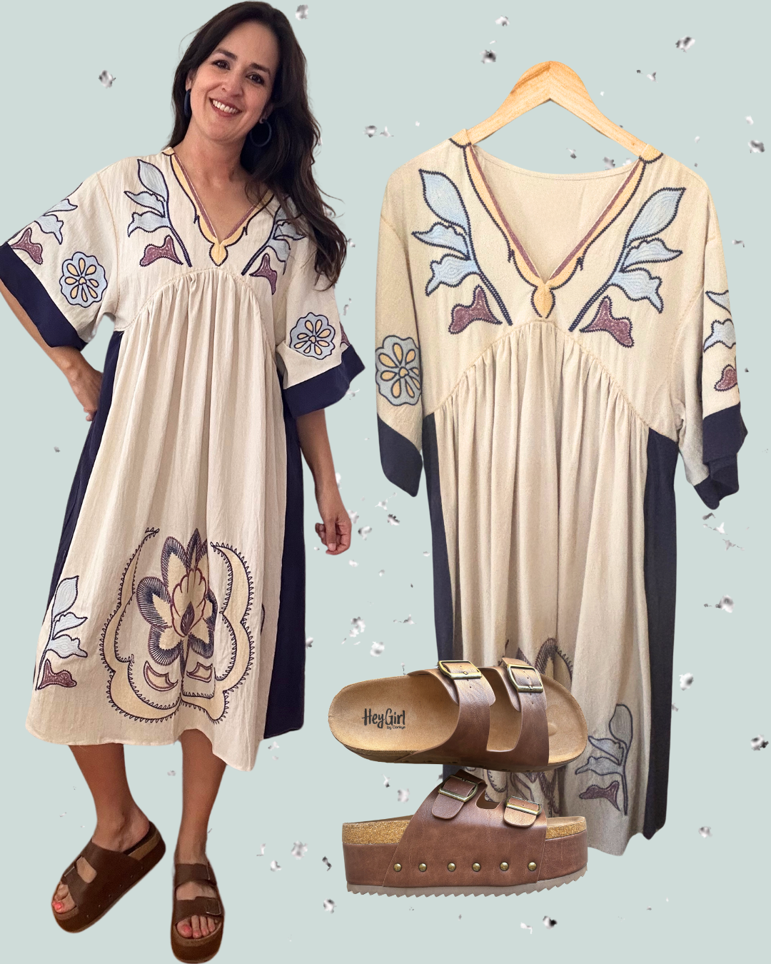 Boho Embroidered Midi Dress | Cream + Navy