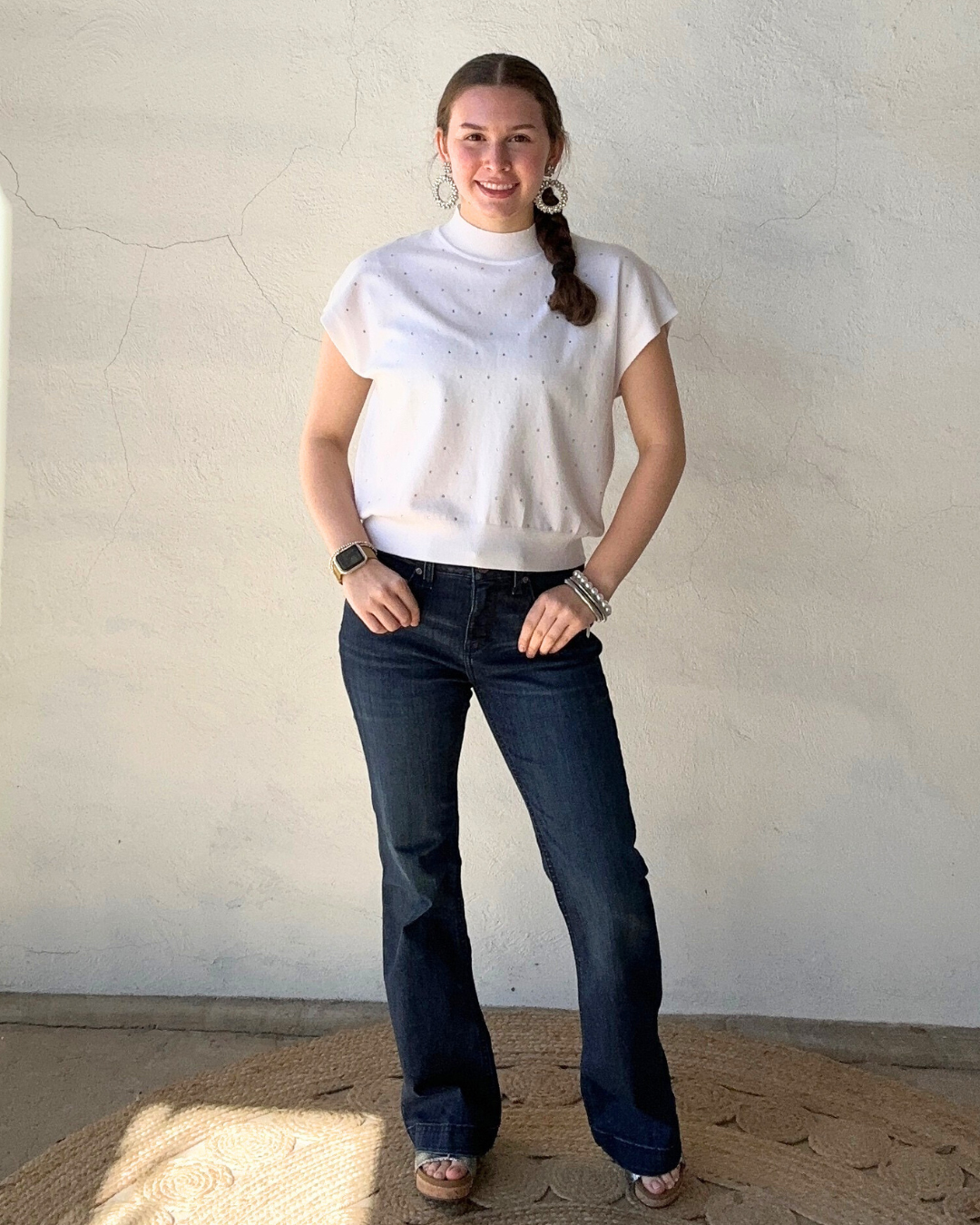 Short Sleeve Sweater Top Mock Neck | Off White