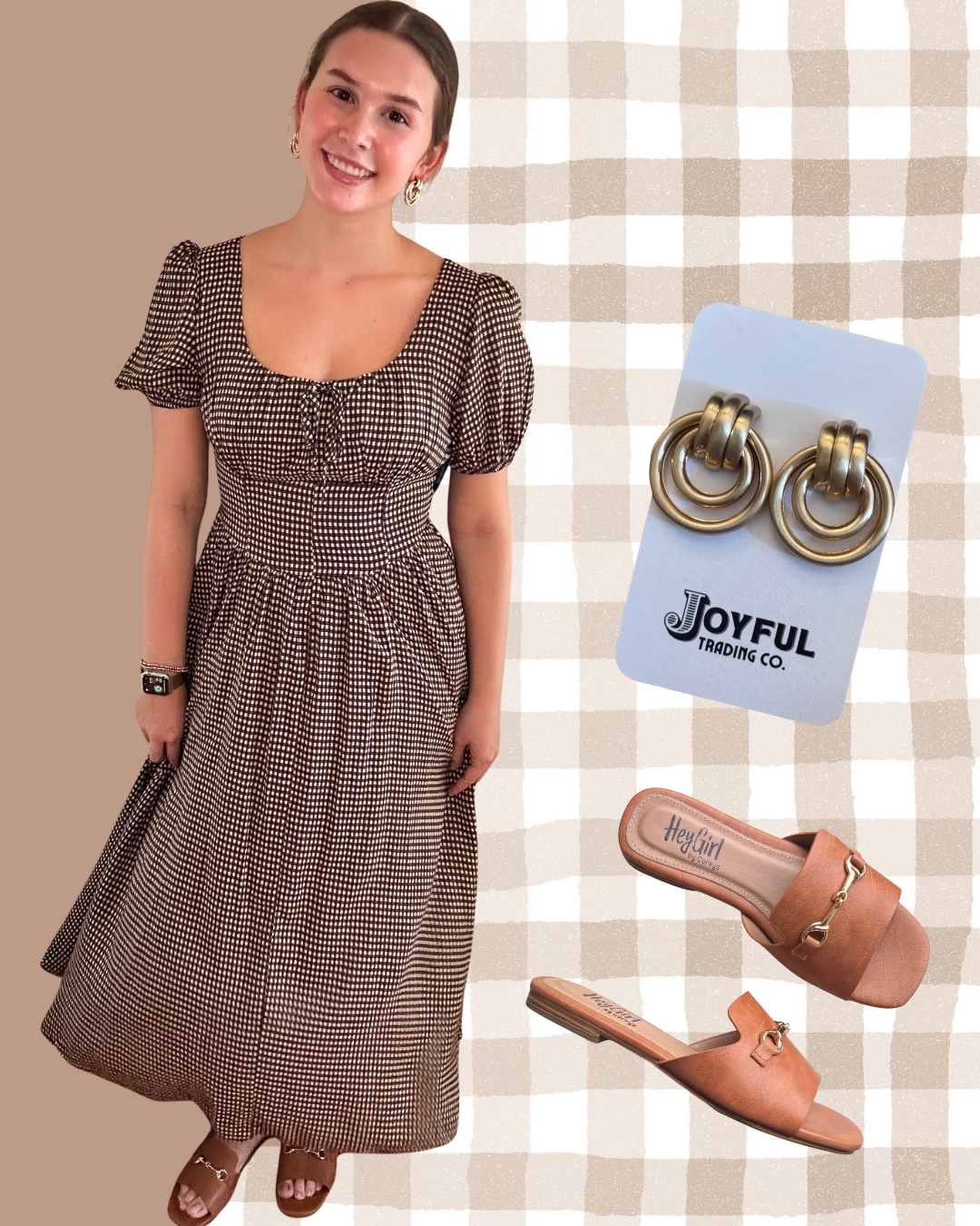 Gingham Corset Midi Dress | Brown + Multi