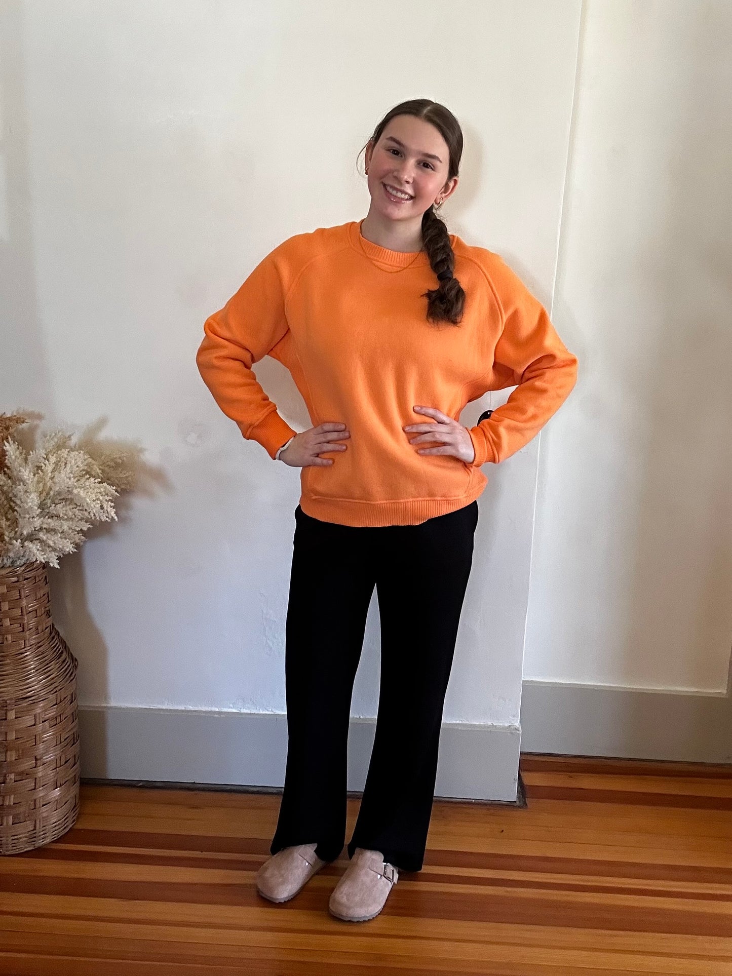 Fleece Round Neck Ribbed Side Sweatshirt | Light Orange