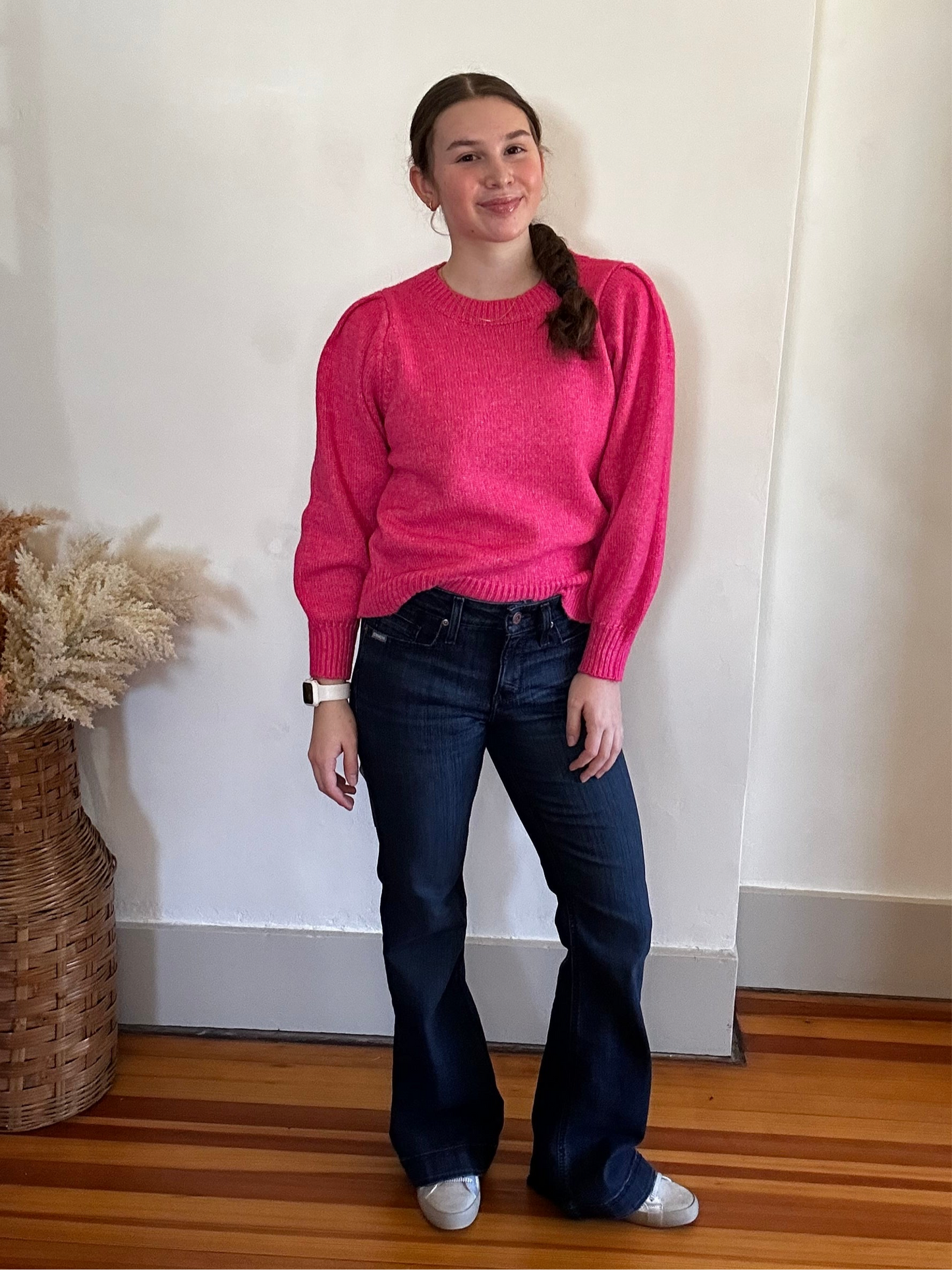 Puff Sleeve Round Neck Sweater | Hot Pink