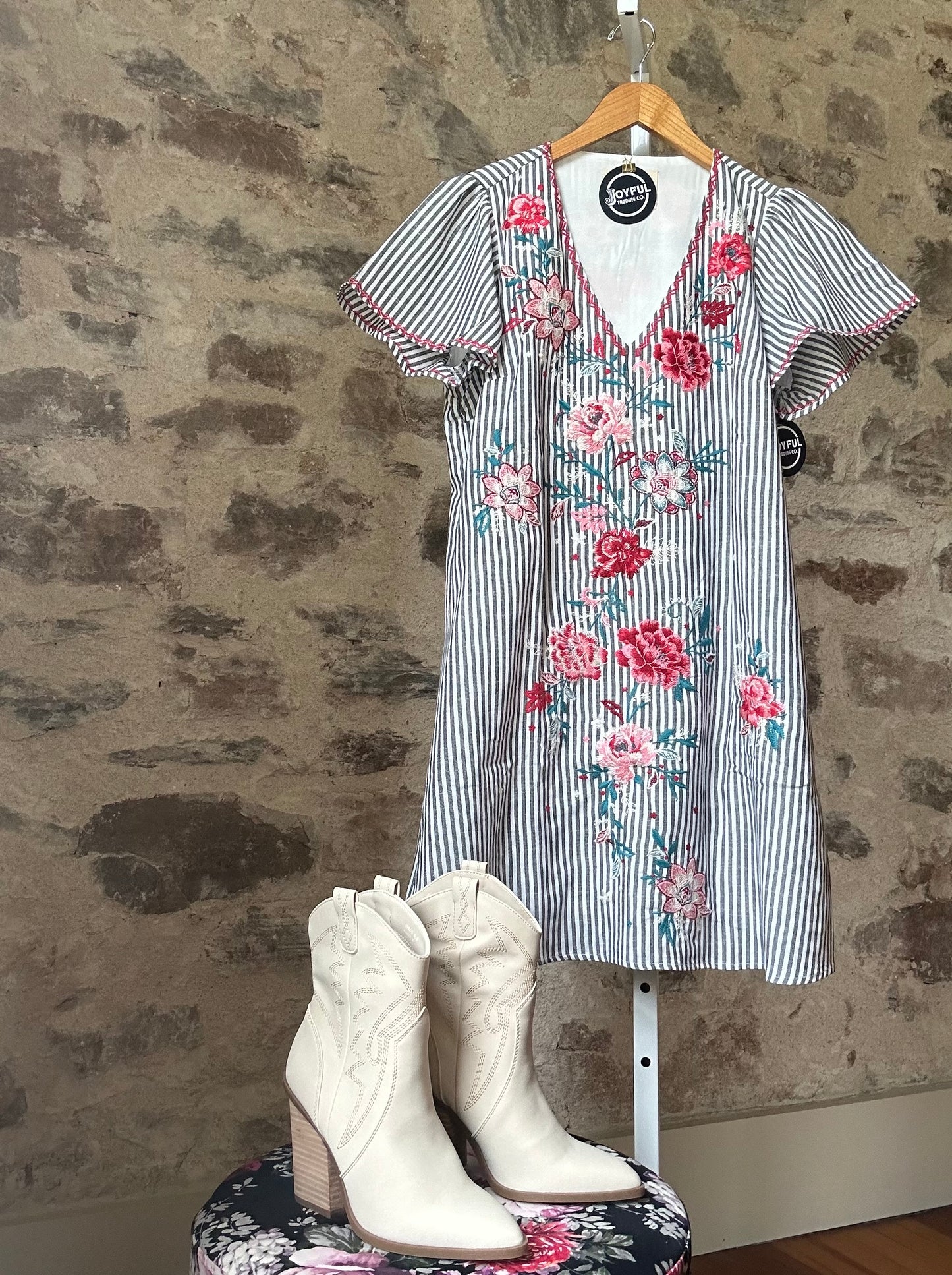 Rose Garden Embroidered Dress | Stripped Black