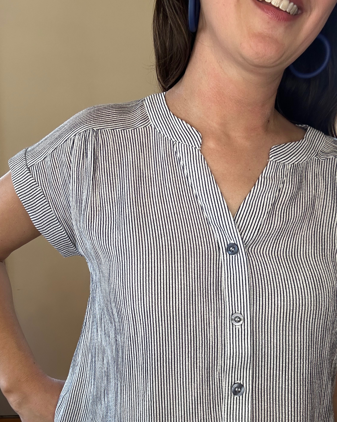 Belinda Short Sleeve Striped Button Up | Navy