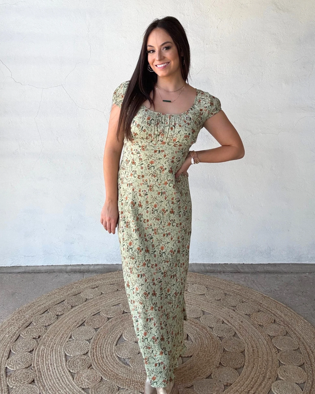 Scoop Neck Midi Dress | Light Olive + Floral