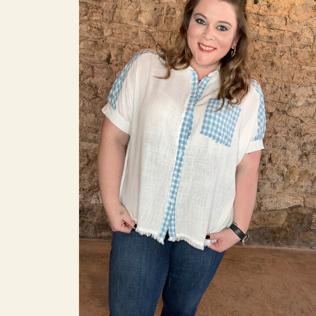 Picnic Short Sleeve Button Up | Off White + Blue