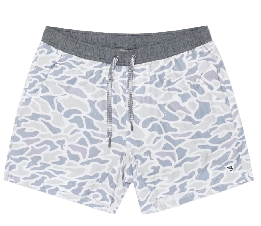 White camouflage shorts with a gray waistband on a white background