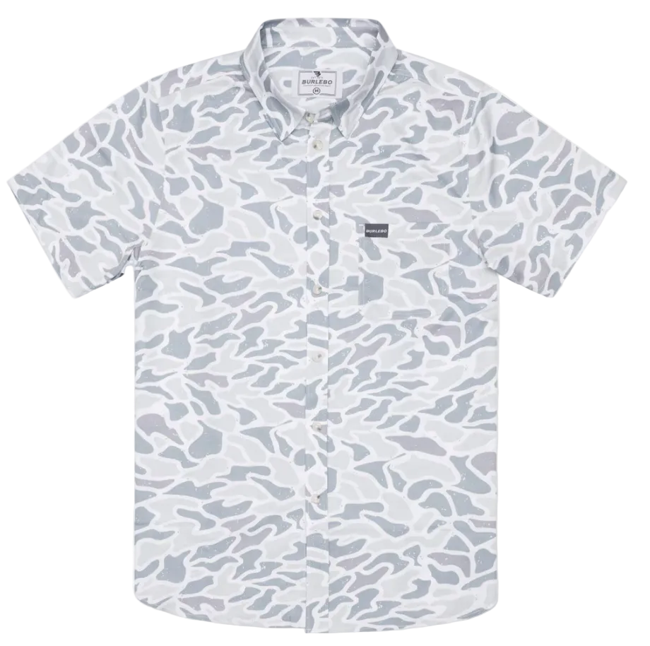 Short-sleeve shirt with a subtle camo pattern on a white background