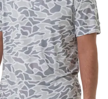 Person wearing a camouflage-patterned shirt on a white background