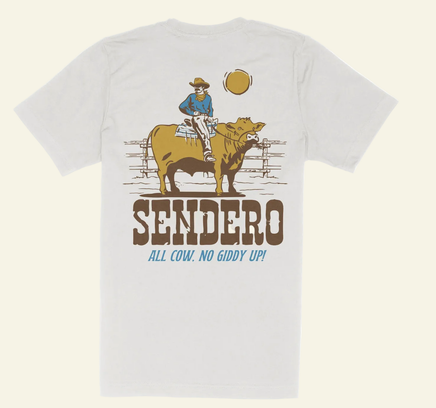 White t-shirt with a graphic of a cowboy on a bull and 'Sendero' branding.