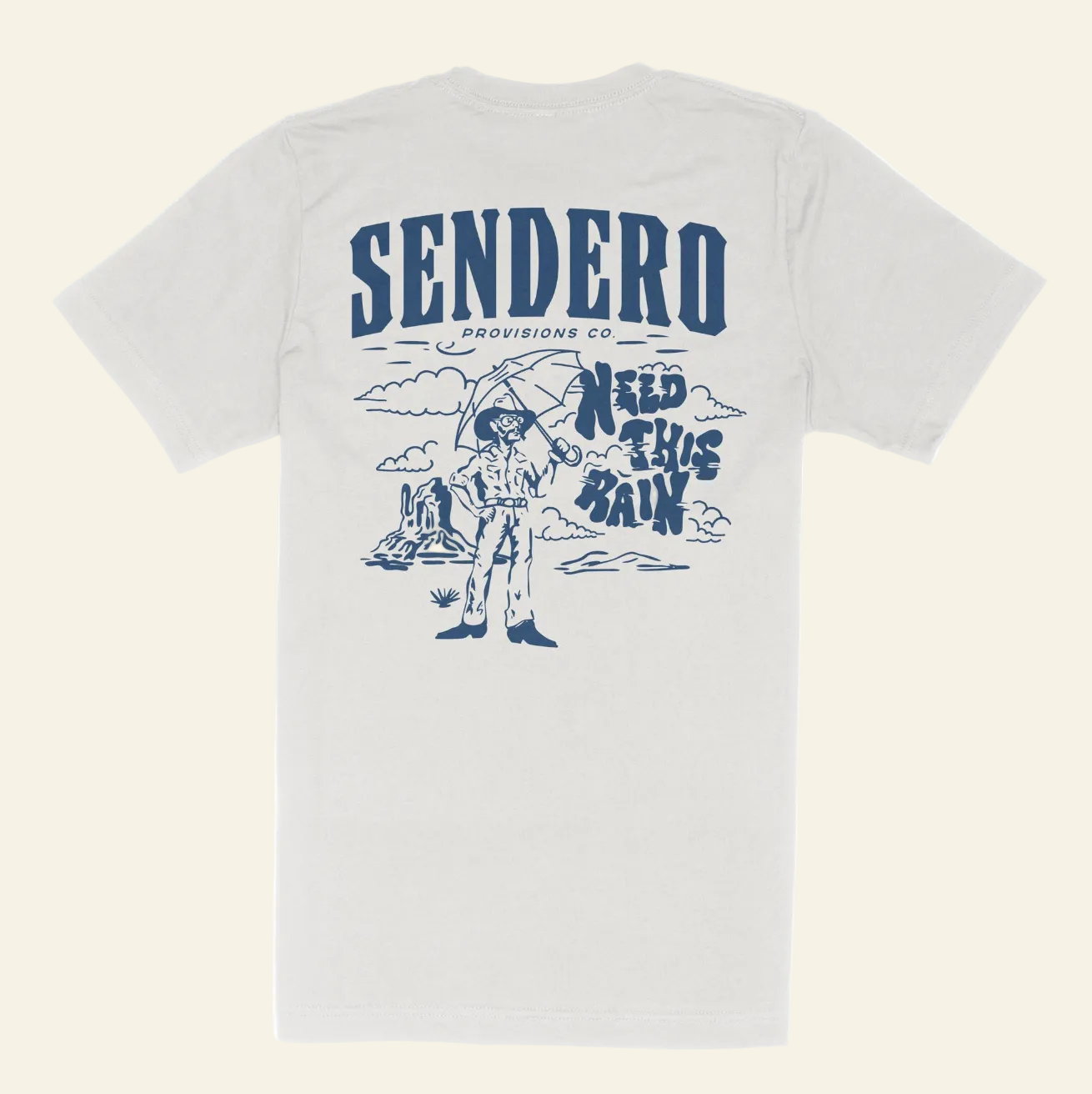 White t-shirt with blue graphic and 'Sendero' branding on a white background