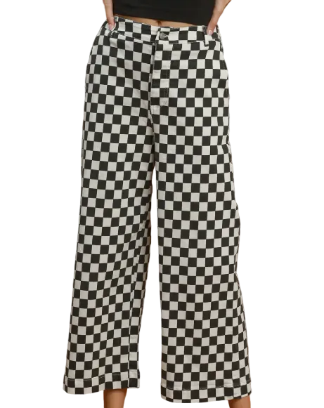 Black and white checkerboard cropped wide-leg pants shown on a model