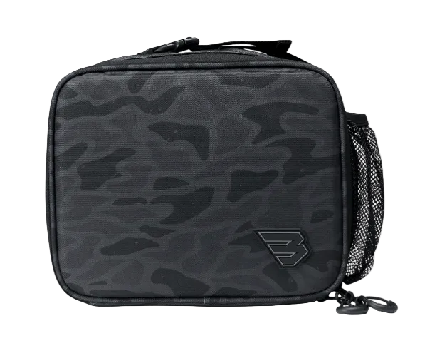 A black and dark gray camouflage patterned soft-sided bag with a side mesh pocket and a small stylized logo on the front, shown on a plain white background.