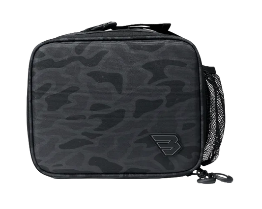 A black and dark gray camouflage patterned soft-sided bag with a side mesh pocket and a small stylized logo on the front, shown on a plain white background.