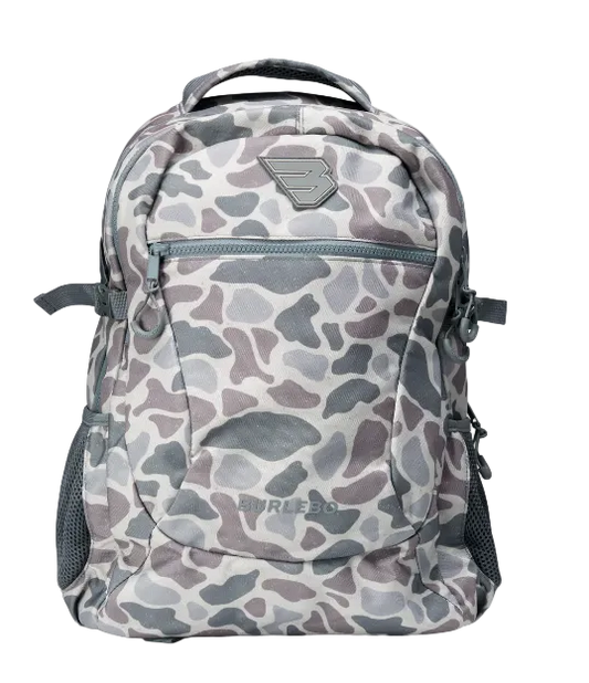A gray and white camouflage backpack with a top handle, front zippered pocket, and side mesh pockets, shown on a plain white background.