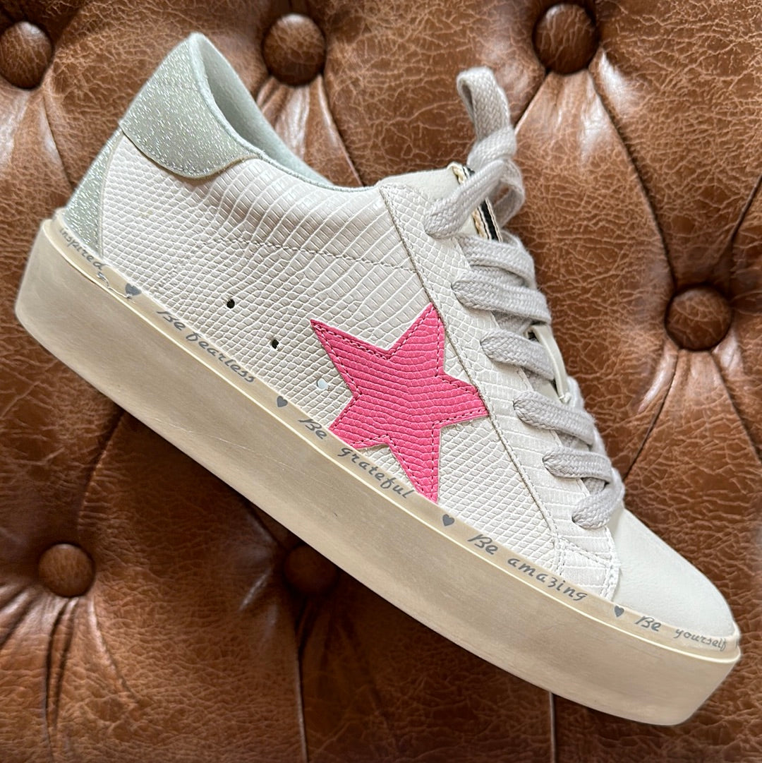 Reba Bone Lizard Sneaker | Bone + Pink Star