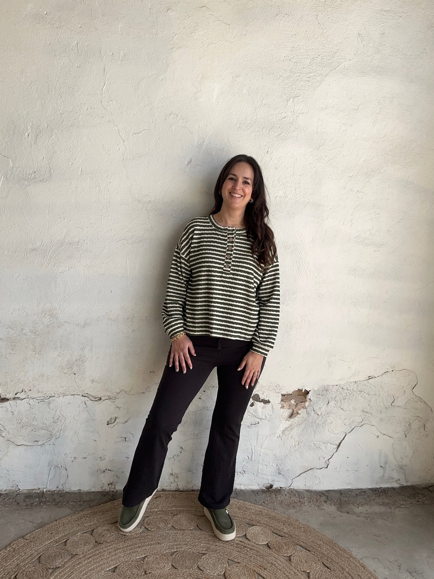 Stripe Henley Long Sleeve | Olive + Ivory