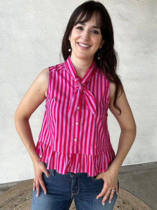 Striped Peplum Sleeveless Top | Red + Pink